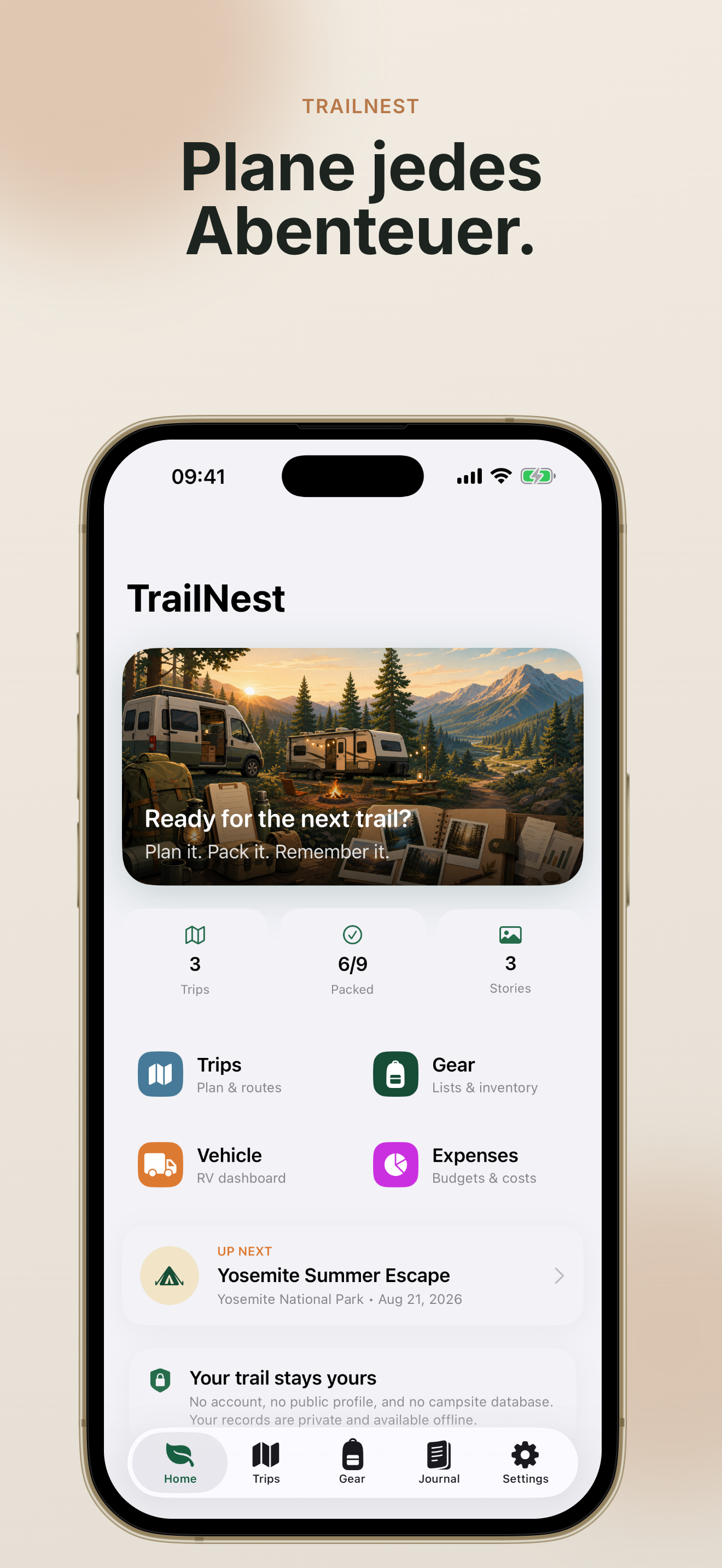 TrailNest home screen