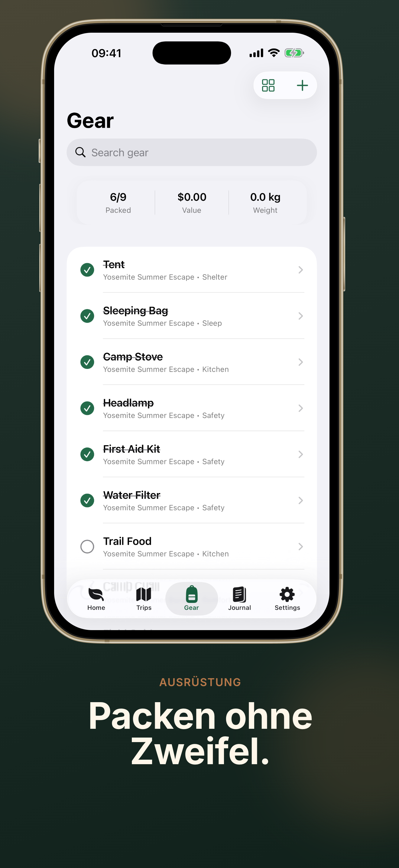 TrailNest gear screen