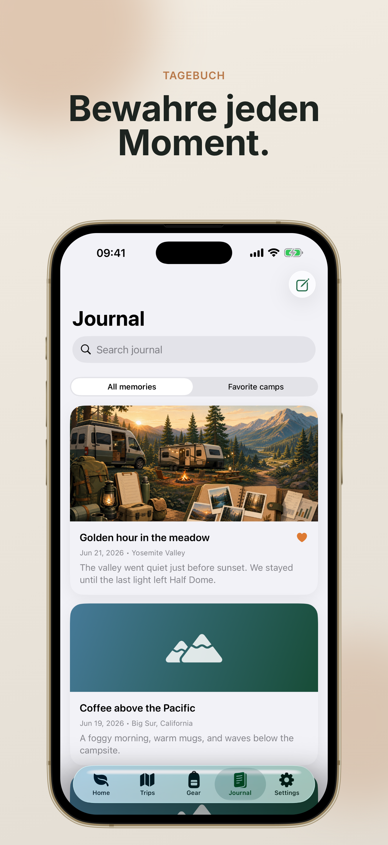 TrailNest journal screen