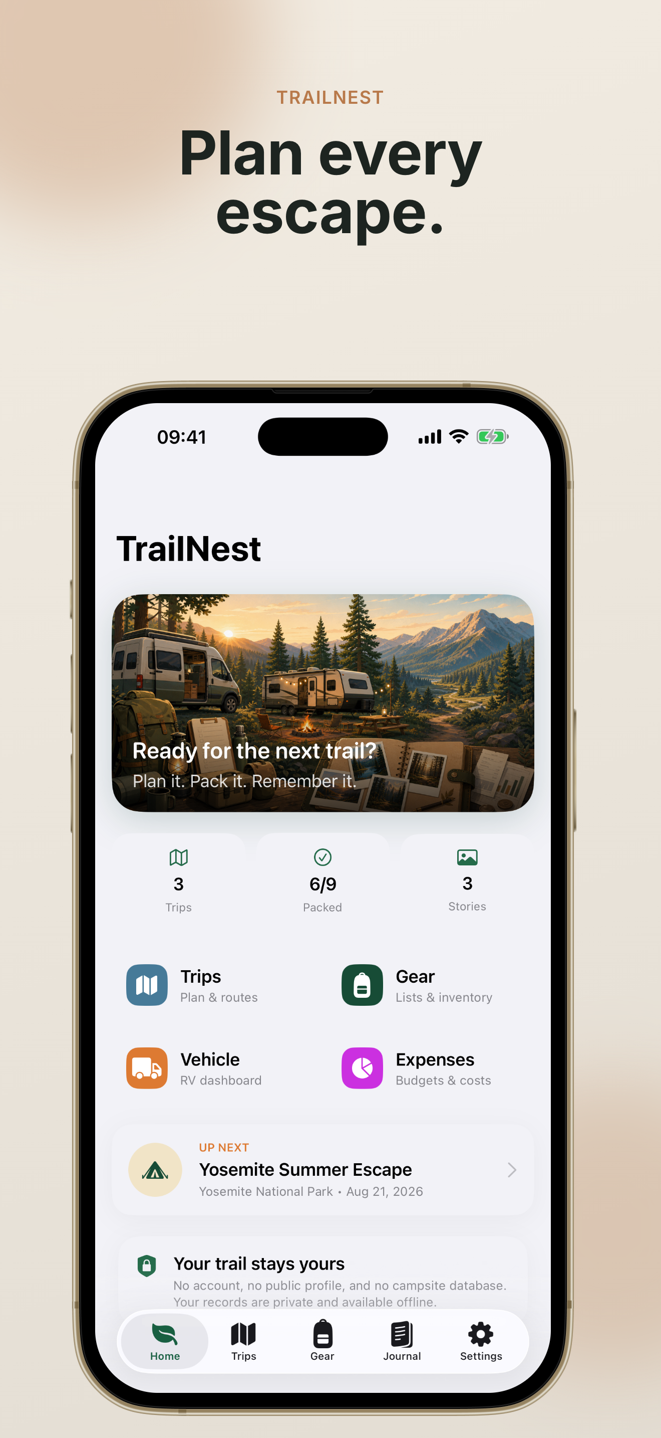 TrailNest home screen