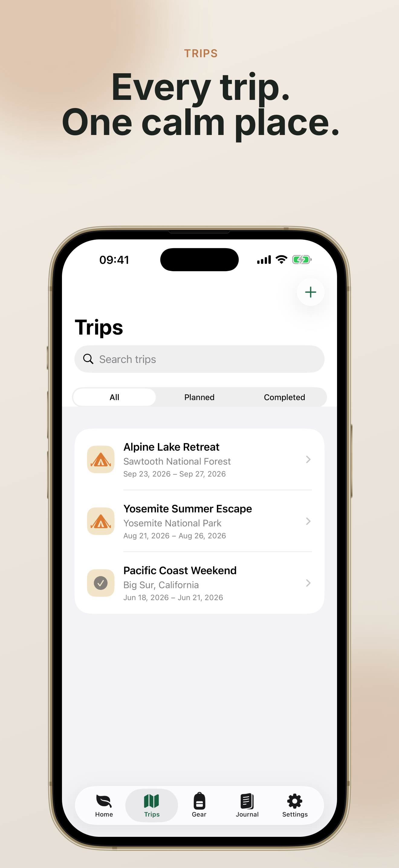 TrailNest trips screen