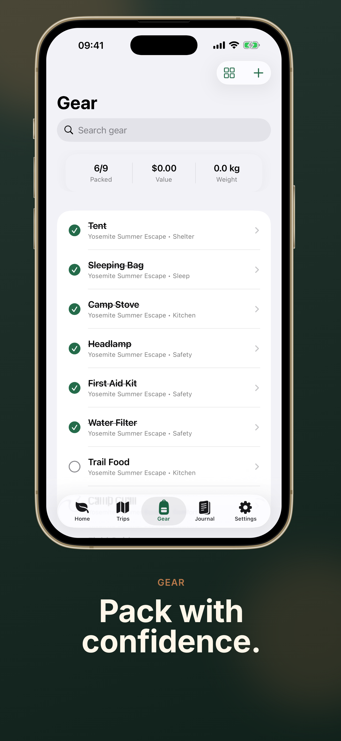 TrailNest gear screen