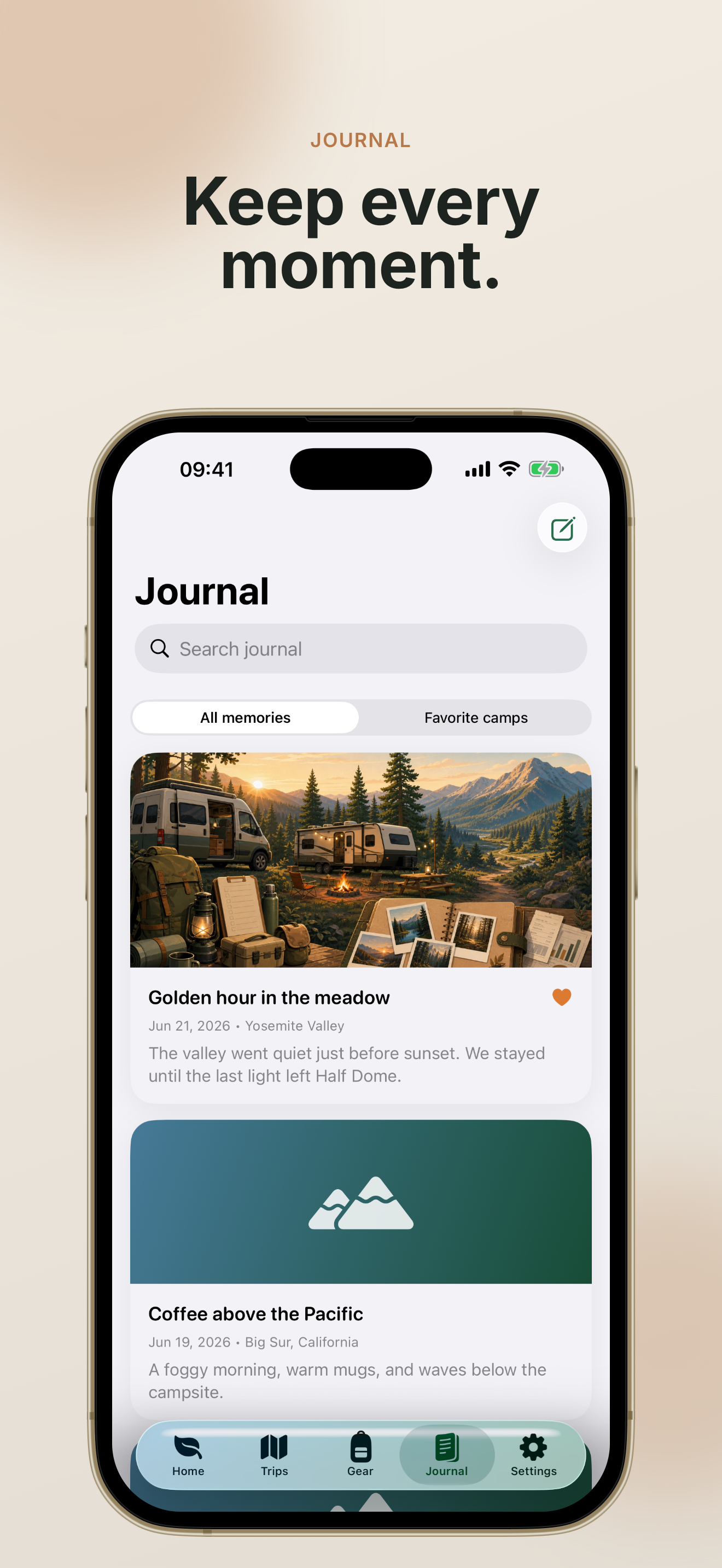 TrailNest journal screen