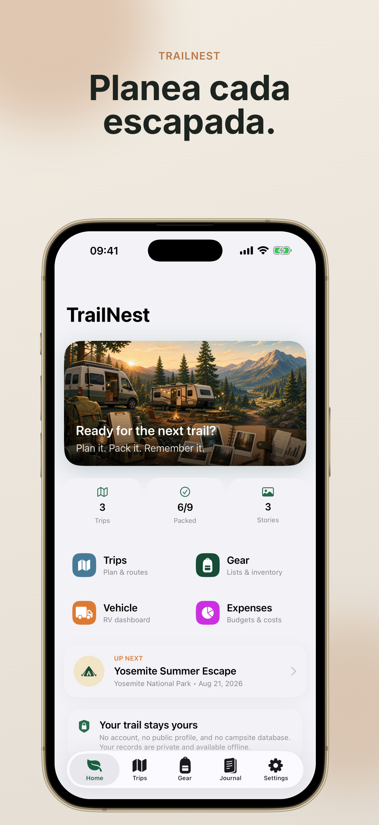 TrailNest home screen
