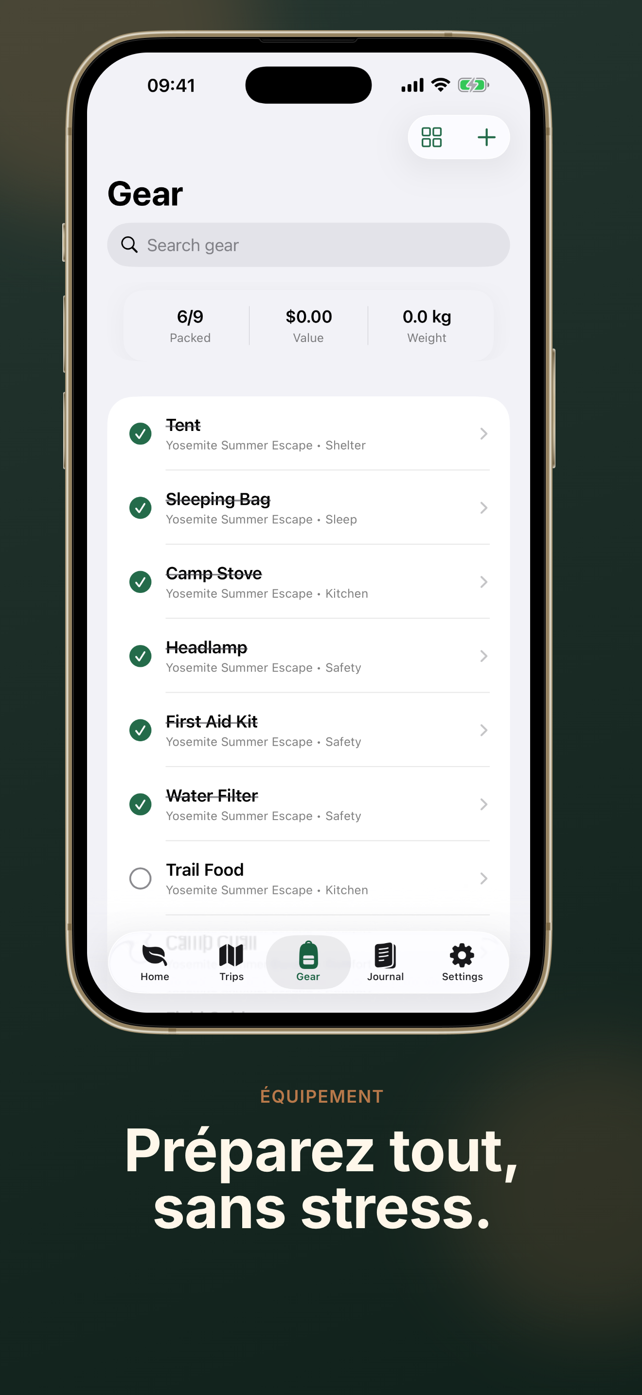 TrailNest gear screen