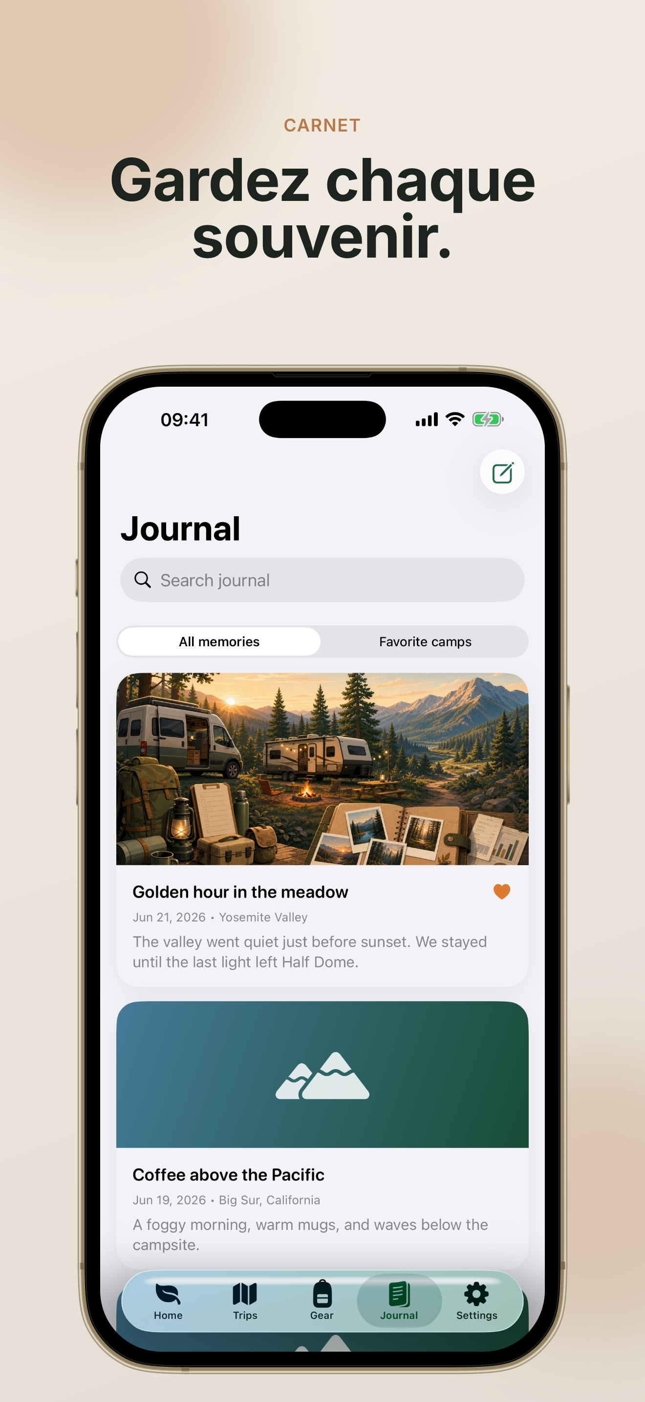 TrailNest journal screen