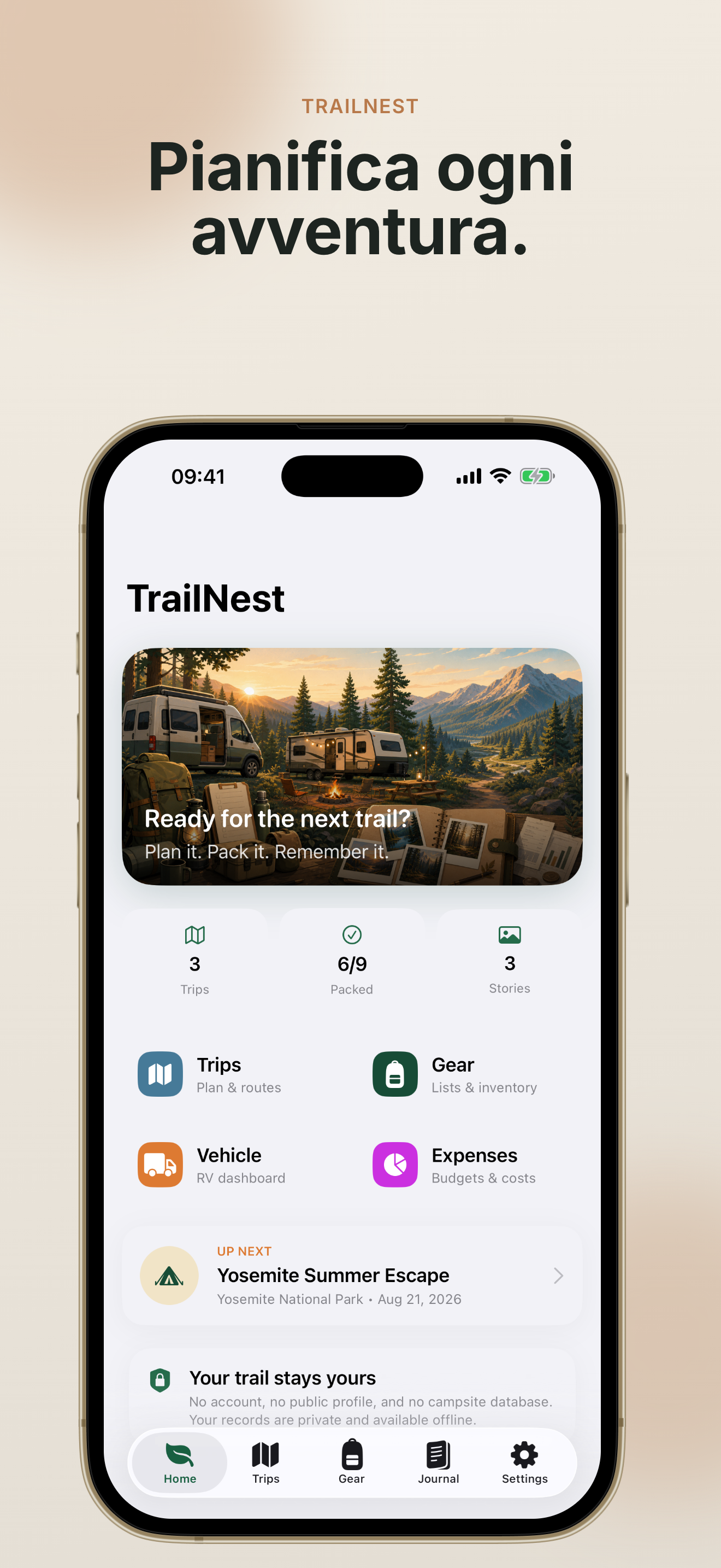 TrailNest home screen