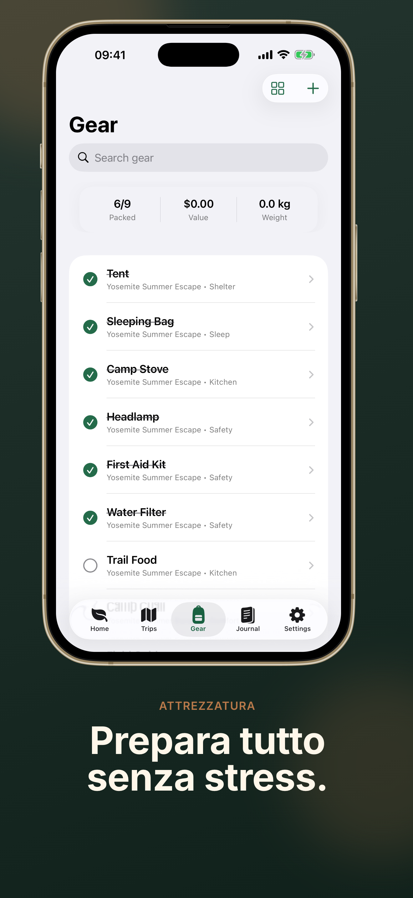 TrailNest gear screen