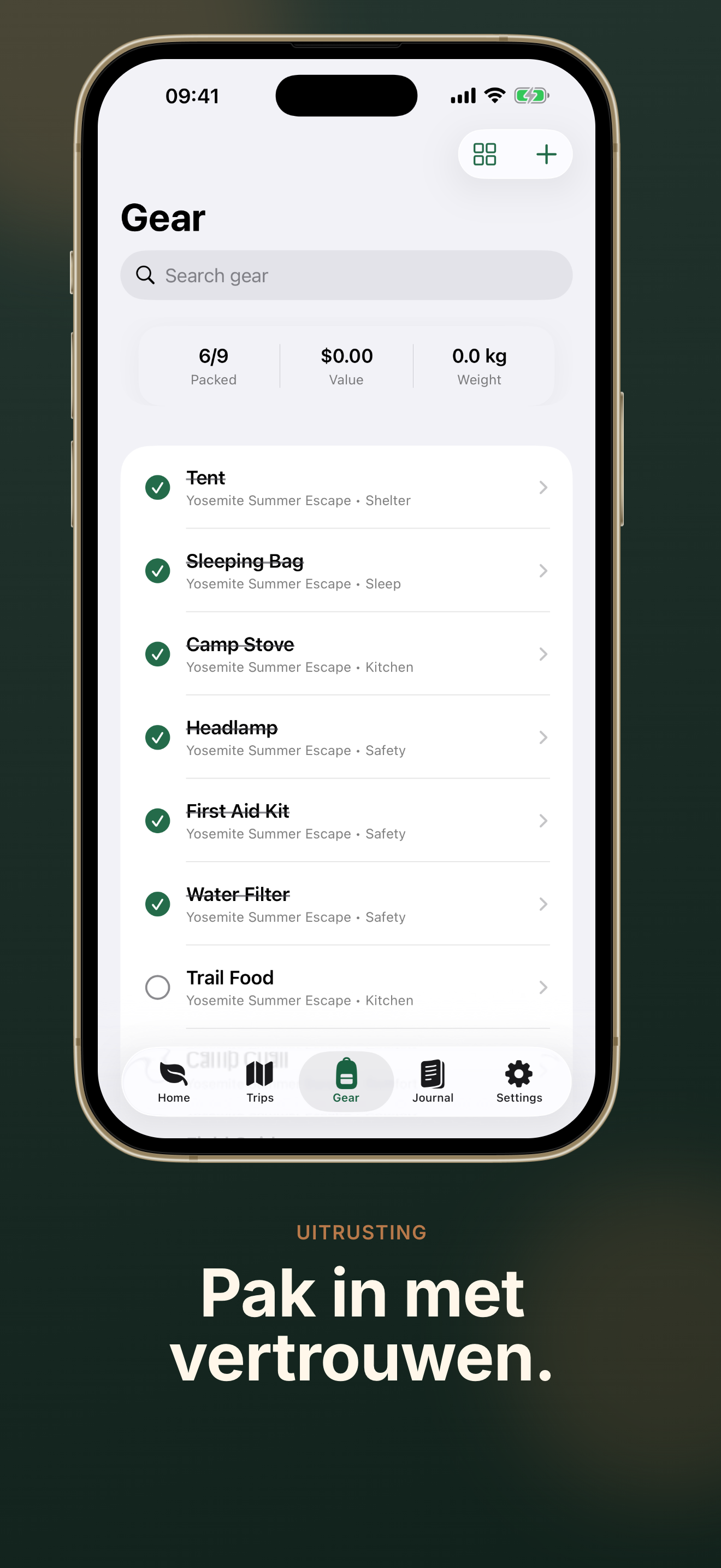 TrailNest gear screen